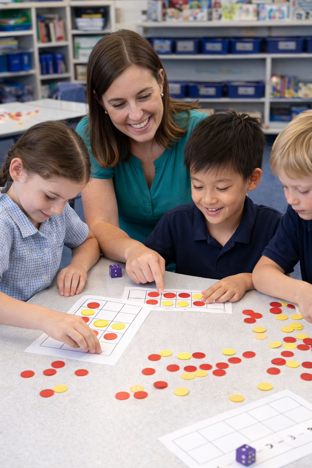 Teacher and students engaged in a math activity with colorful dot cards in a classroom setting.